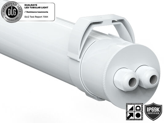 IP69K IK10 TB7 LED টিউবুলার লাইট, খাদ্য প্রক্রিয়াকরণ প্ল্যান্টের জন্য অ্যান্টি-ইউভি অ্যামোনিয়া সহ, ৩-ফেজ পরিবর্তন