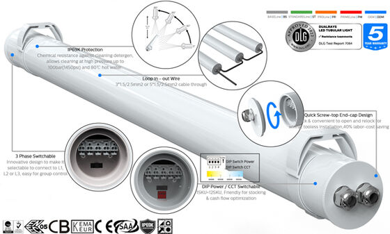 0.6মি 20W TB7 LED টিউব লাইট, খামারে ব্যবহারের জন্য অ্যান্টি-ইউভি অ্যামোনিয়া, DIP সুইচযোগ্য পাওয়ার এবং 3CCT