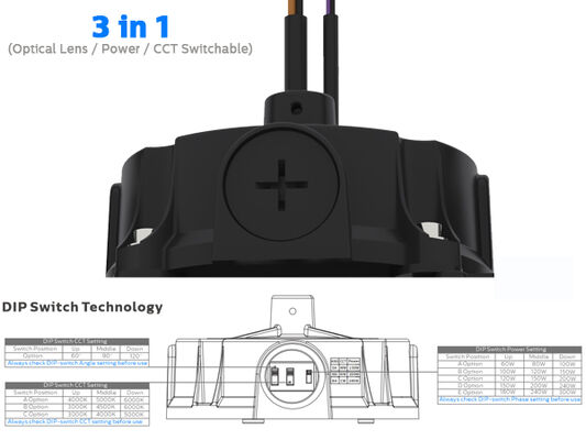 200W 150LPW HB5 DIP সুইচযোগ্য অপটিক্যাল লেন্স (60°/90°/110°) সহ 3 ইন 1 সুপার হাইবে, শক্তি (100%-80%-60%), 3 সিসিটি বিকল্প