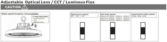 শিল্পখাতে ব্যবহারের জন্য একাধিক বিম অ্যাঙ্গেল বিকল্প সহ পাওয়ার এবং রঙের তাপমাত্রা সেটিংসের জন্য DIP সুইচযোগ্য বৈশিষ্ট্যযুক্ত LED হাইবে লাইট