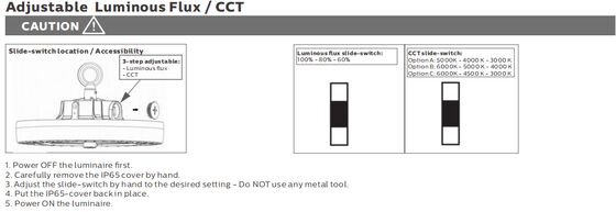 HB4H DIP সুইচযোগ্য পাওয়ার 3CCT UFO LED উচ্চ বে লাইট 150W 150LPW 90 ডিগ্রি অ্যাল রিফ্লেক্টর সহ IP65 IK08 সুরক্ষা ইউরোপীয় গুদাম