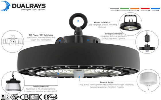 DUALRAYS লাইটিং HB4H IES LDT 150W 200W 240W IP65 IK08 ইন্ডাস্ট্রিয়াল ওয়ারহাউস ফ্যাক্টরি UFO LED হাই বে লাইট