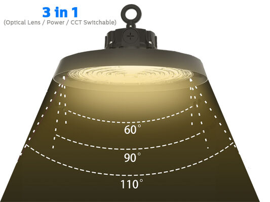 DUALRAYS লাইটিং HB5 অল-ইন-ওয়ান 240W LED UFO হাই বে লাইট 3 CCT এবং ওয়াটেজ অ্যাডজাস্টেবল IP65 0-10V ডিমেবল ওয়ারহাউস লাইট প্লাগ-এন্ড-প্লে সেন্সর সহ