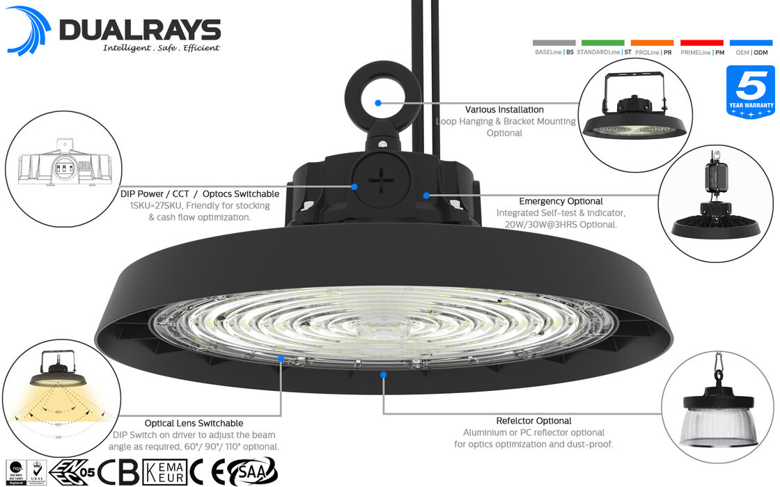 Ip65 DUALRAYS Lighting HB5 Industrial Wifi Ble Smart Dimmable Motion Sensor Dali Smd Led High Bay Lamp Light Fixture